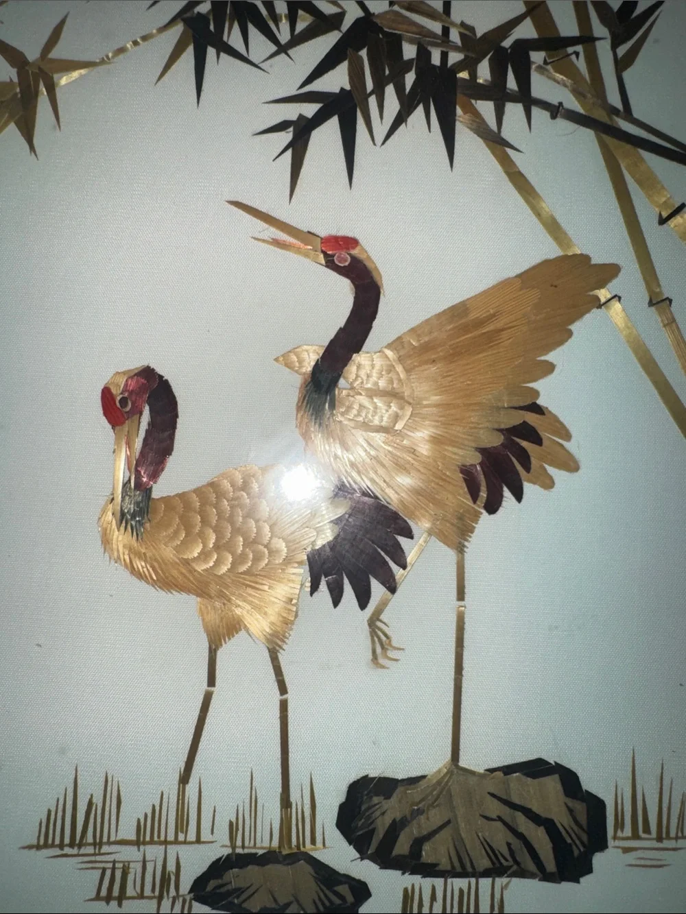 VTG Mid-Century Japanese Straw Mosaic Art | Majestic Cranes in Bamboo Forest